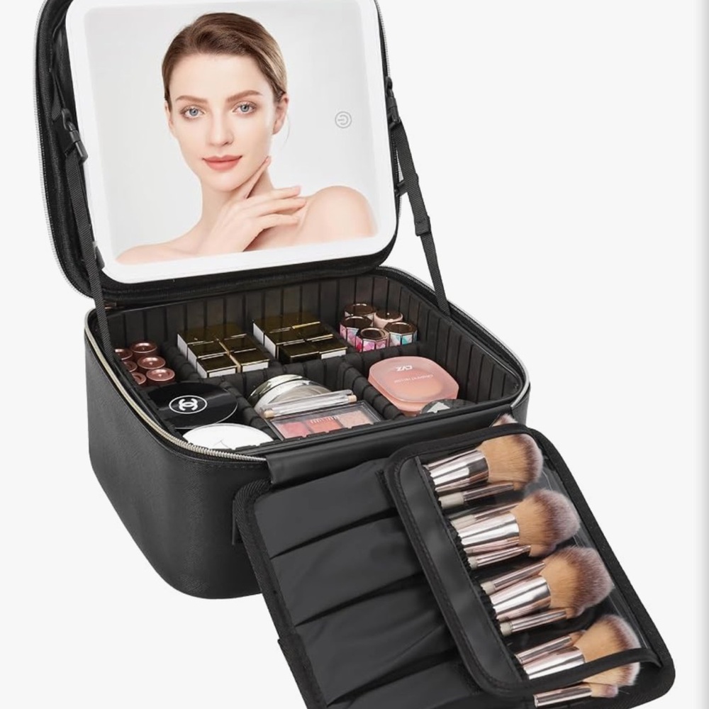 Black Travel Makeup Case with Brush Roll and Light Up Mirror